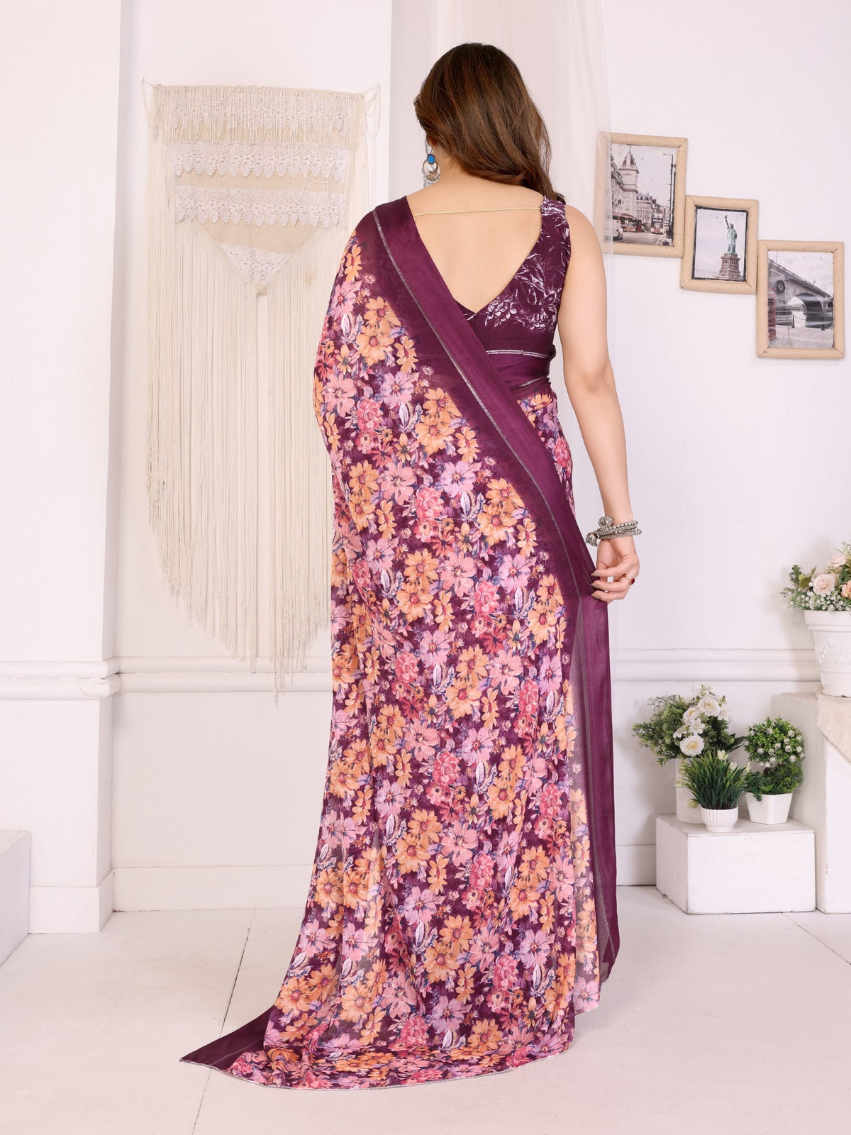 Purple Bright Moss Satin Patta Saree With Printed Design