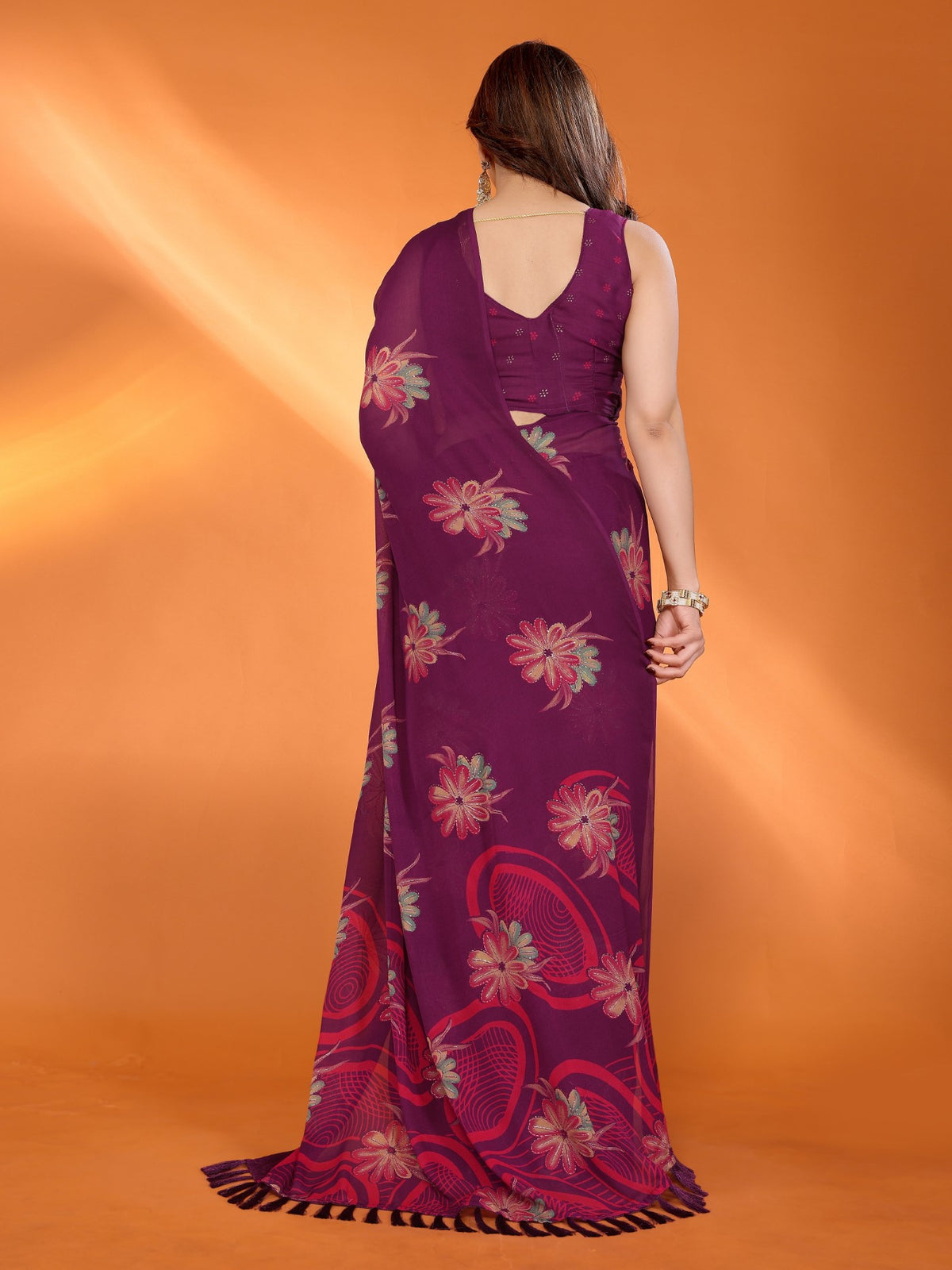 Purple Bright Moss Satin Patta Saree With Printed Design