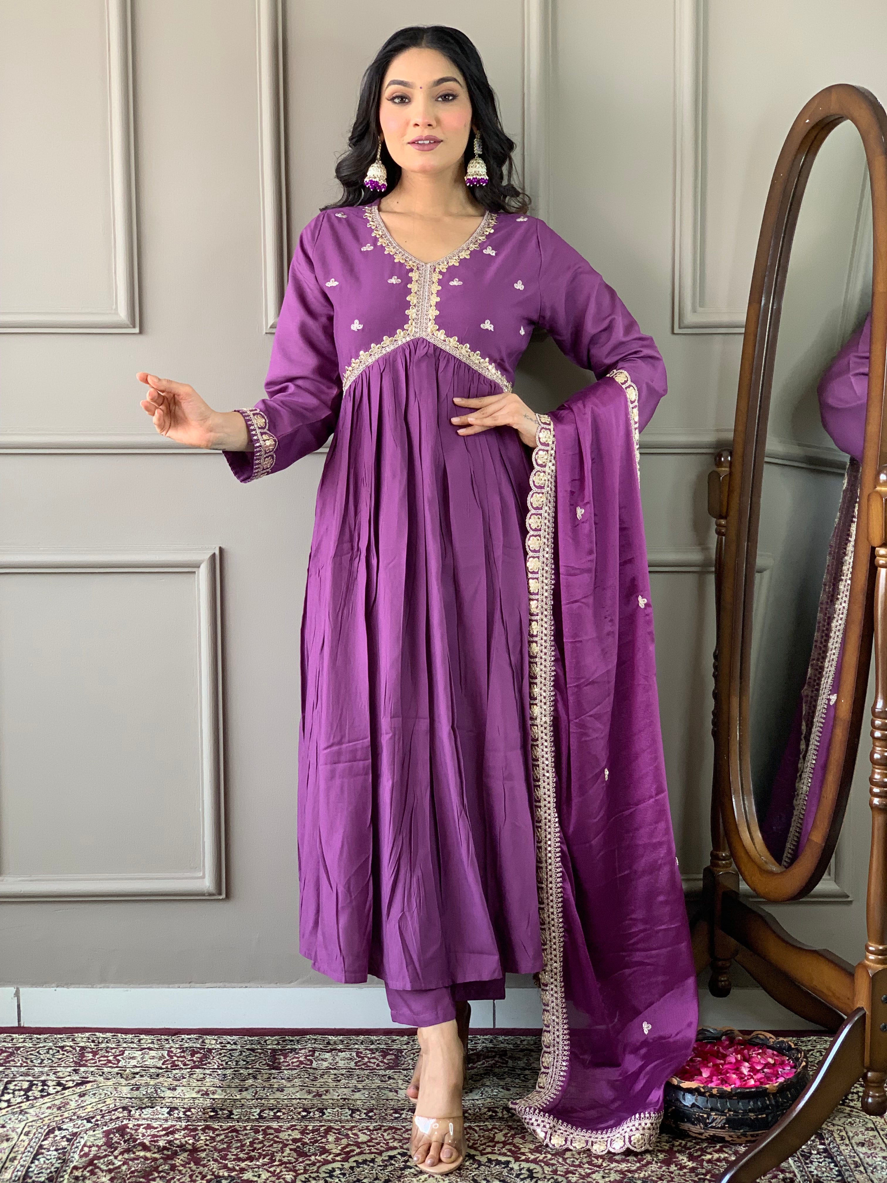 Purple Bsy Viscose Elegant Kurta Pant Set With Embroidery Work