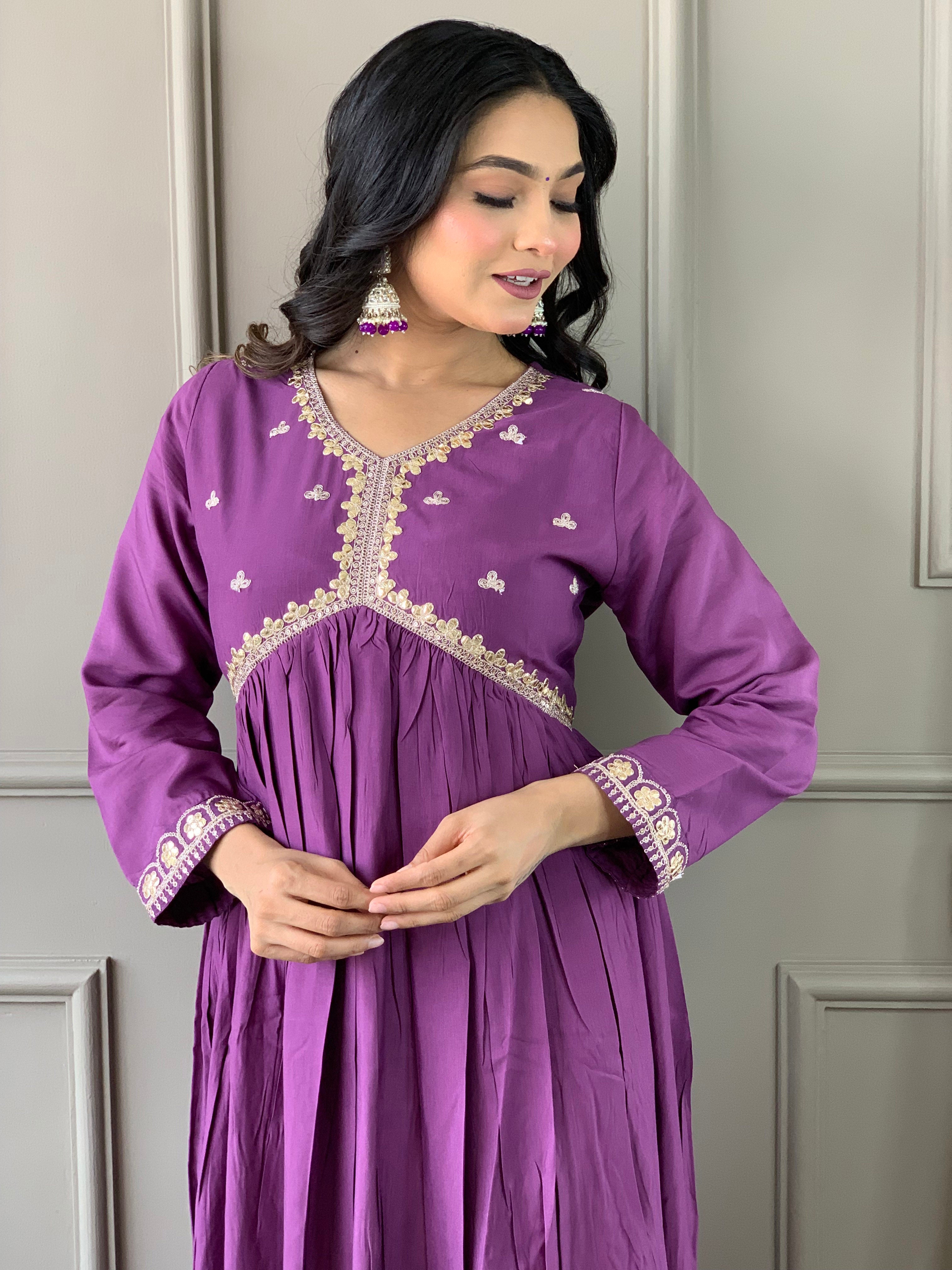 Purple Bsy Viscose Elegant Kurta Pant Set With Embroidery Work