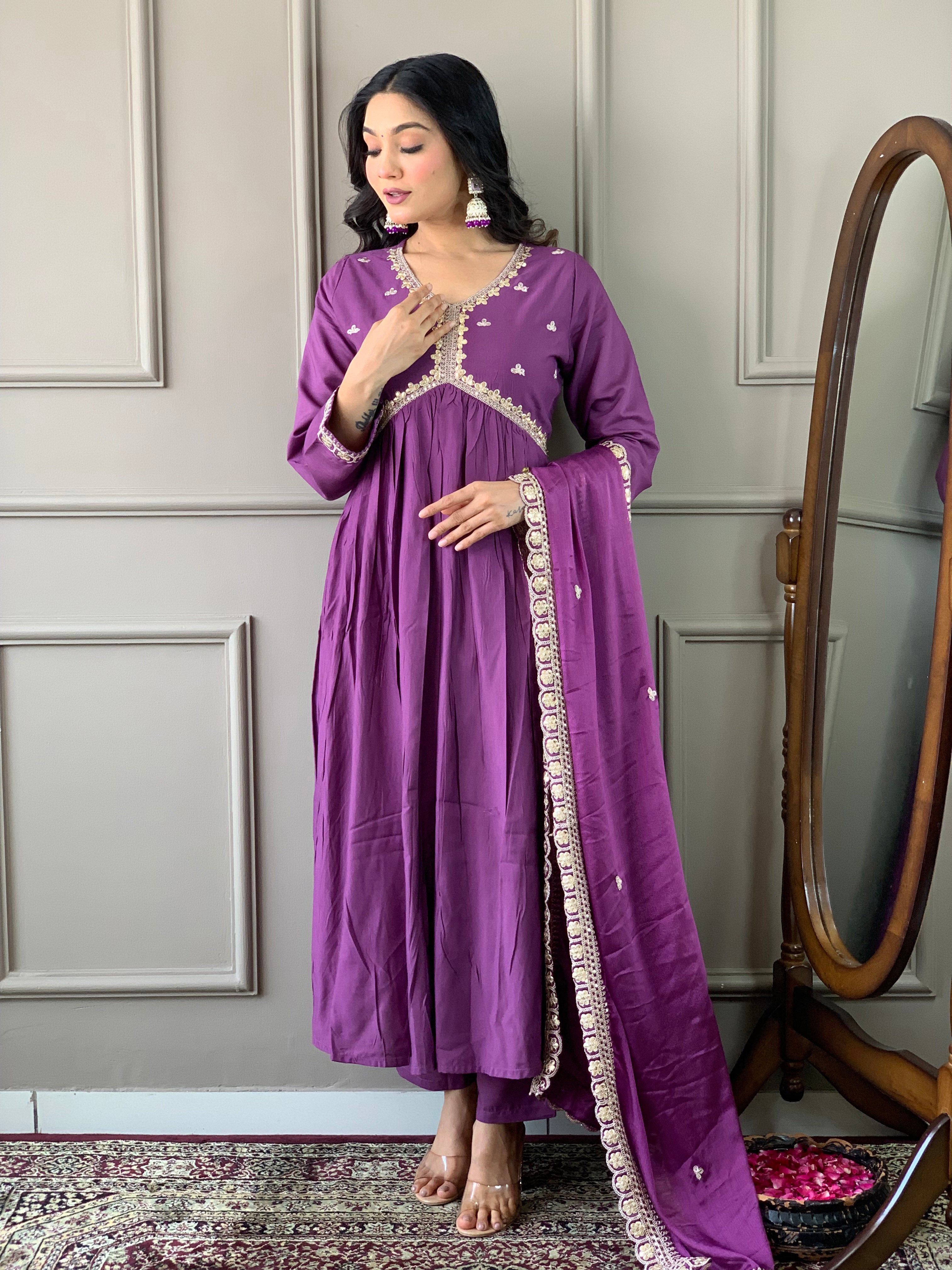 Purple Bsy Viscose Elegant Kurta Pant Set With Embroidery Work