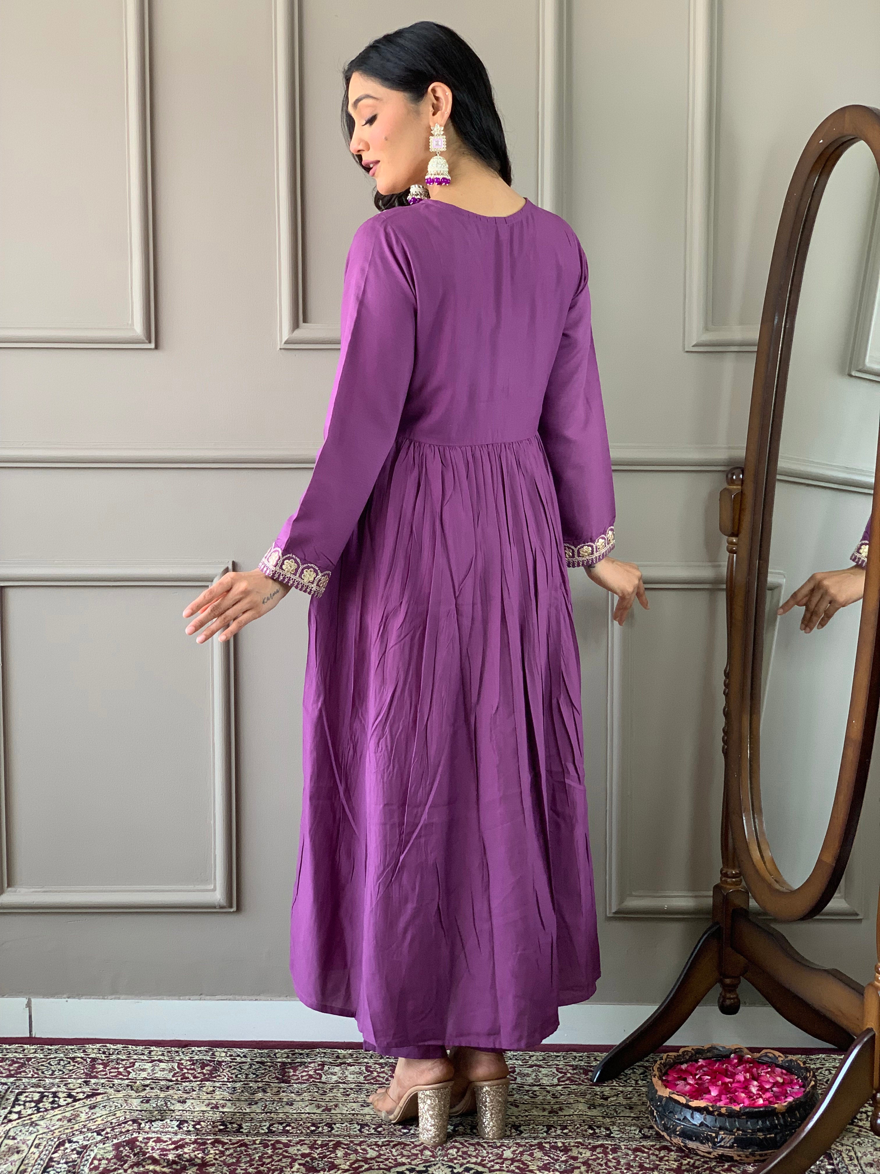 Purple Bsy Viscose Elegant Kurta Pant Set With Embroidery Work