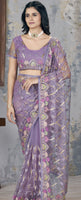 Purple Butterfly Net Graceful Embroidery Work Partywear Saree