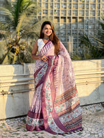 Purple Chanderi Crush Printed With Woven Jari Designer Elegant Sophisticated Saree