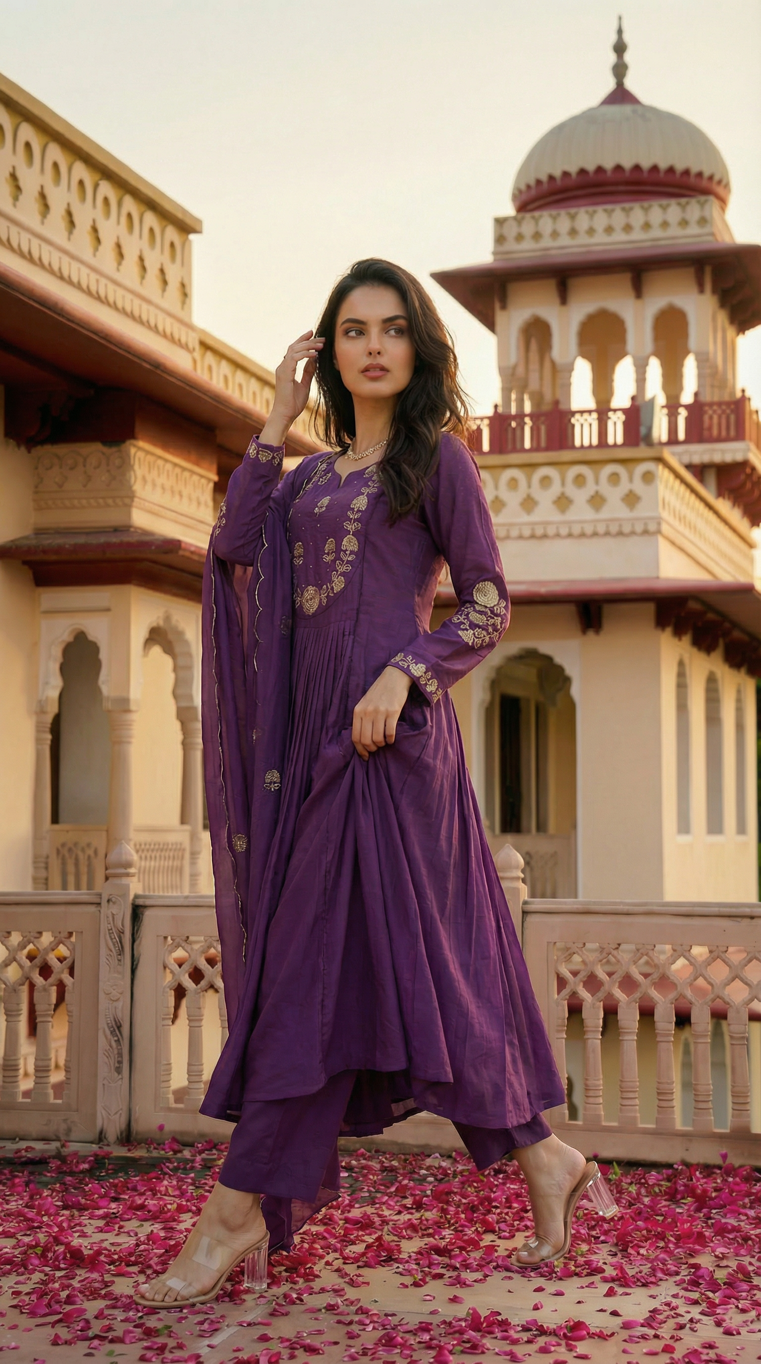 Purple Chanderi Silk Kurta Pant Set With Heavy Thread Embroidery Work