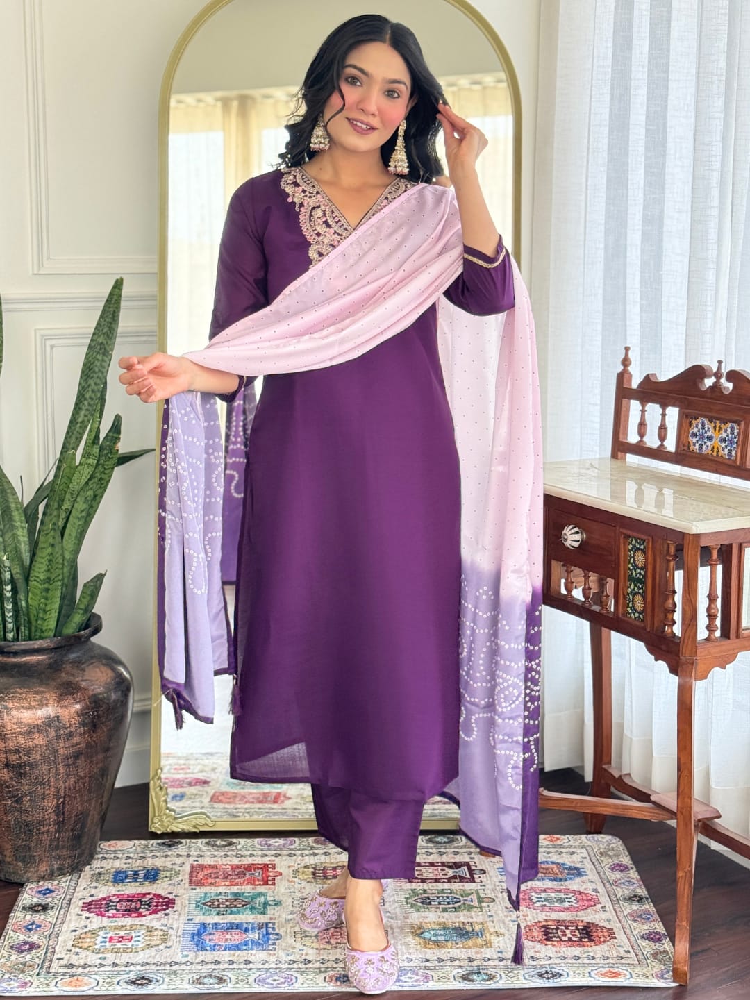 Purple Chanderi Silk Kurta Pant with Heavy Thread Embroidery Work With Printed Dupatta