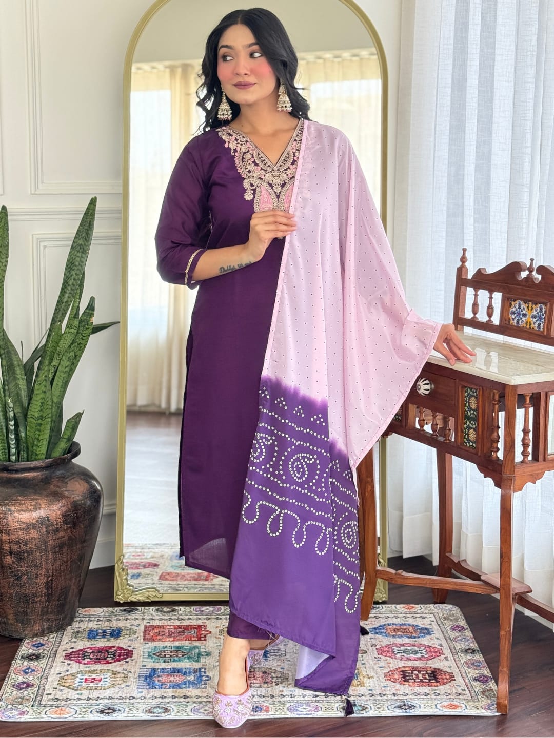 Purple Chanderi Silk Kurta Pant with Heavy Thread Embroidery Work With Printed Dupatta