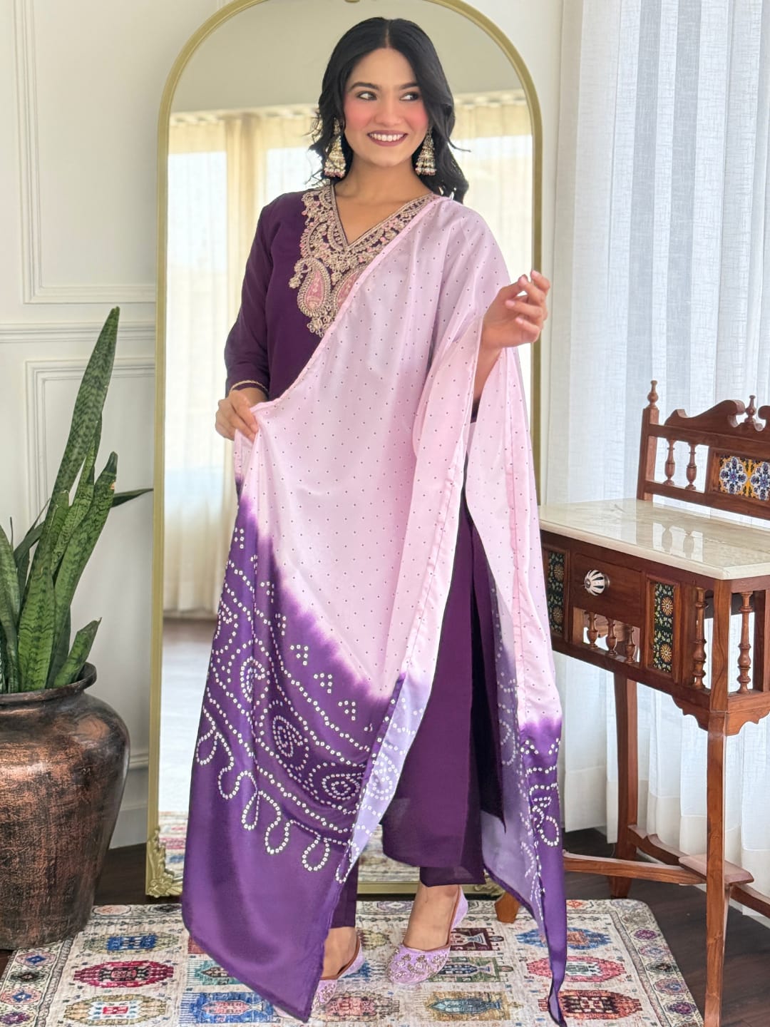 Purple Chanderi Silk Kurta Pant with Heavy Thread Embroidery Work With Printed Dupatta