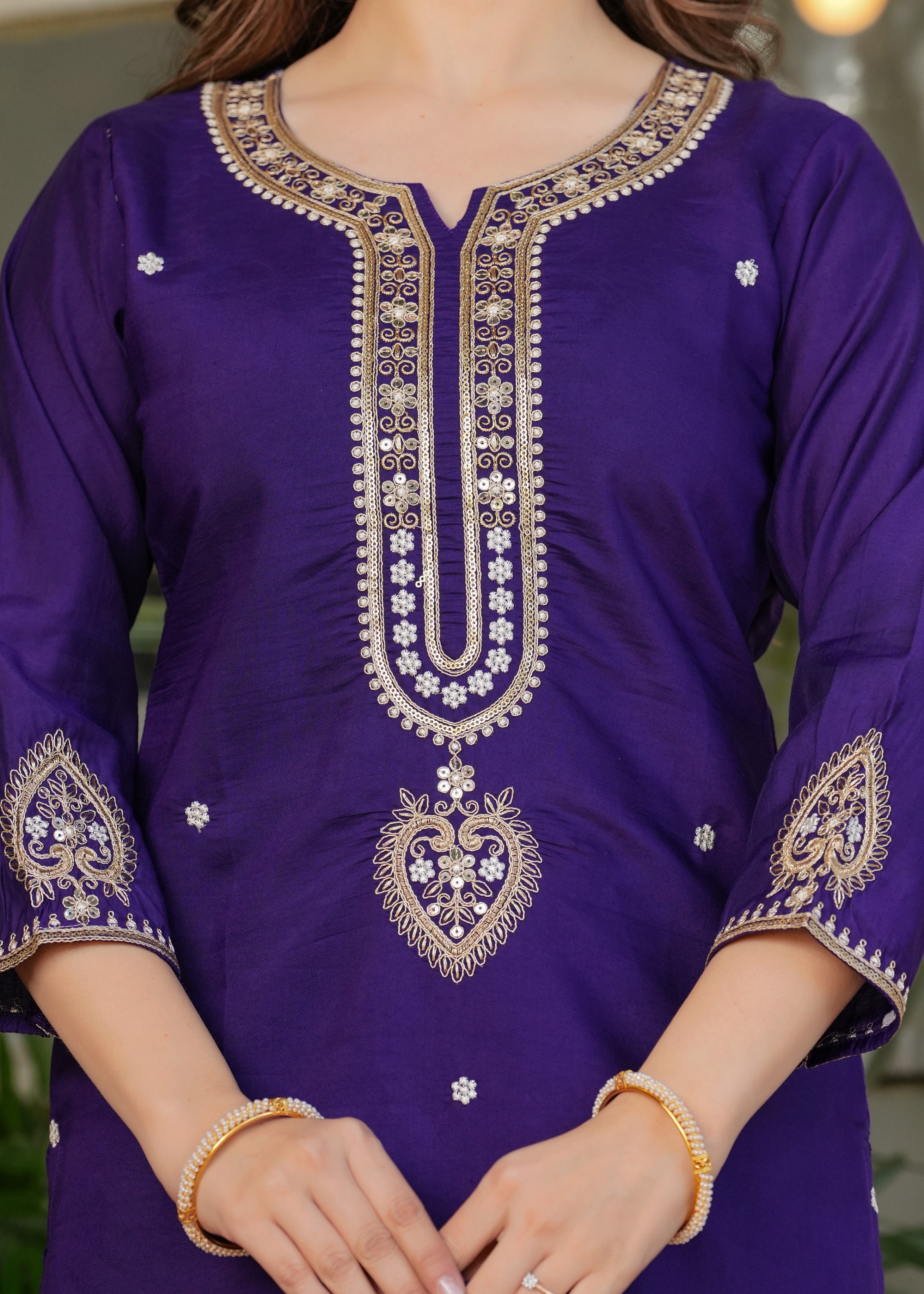Purple Chanderi Viscose Elegant Kurta Pant Set With Embroidery Work