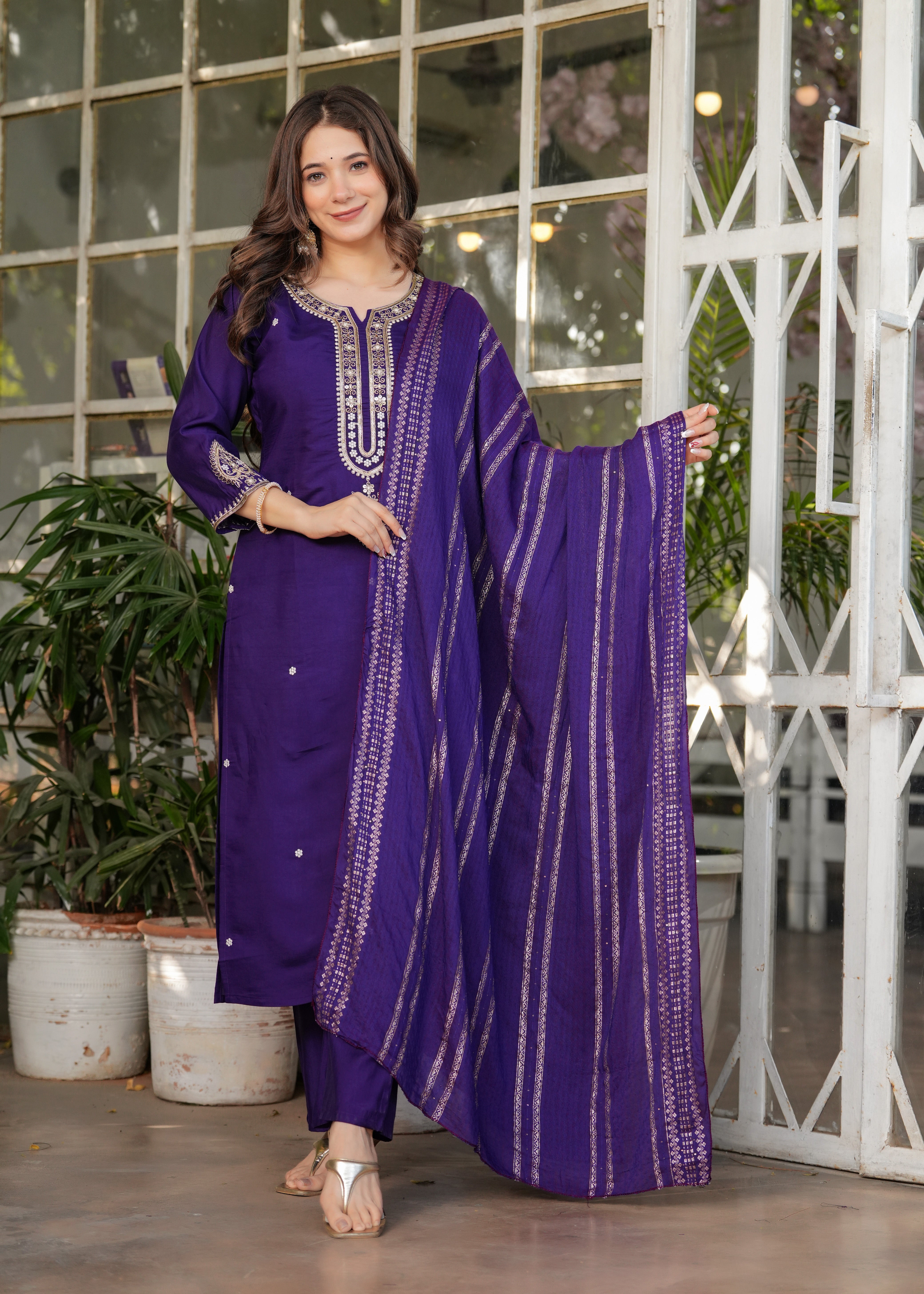 Purple Chanderi Viscose Elegant Kurta Pant Set With Embroidery Work