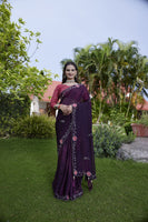 Purple Chiffon Beautiful Heavy Traditonal Rich Festive Saree