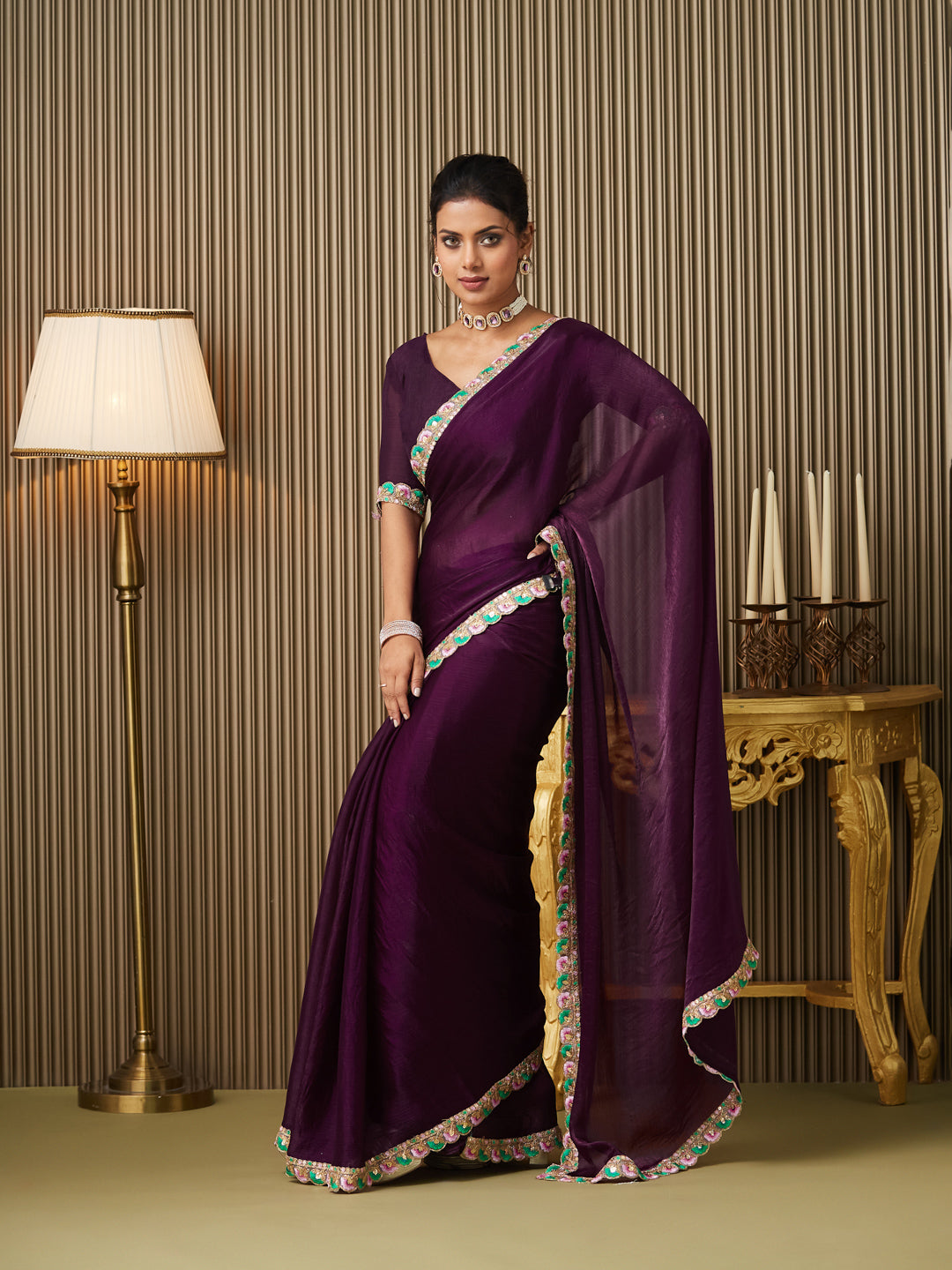 Purple Chiffon Embellished Designer Ceremonial Saree