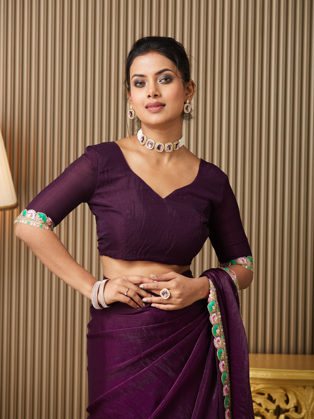 Purple Chiffon Embellished Designer Ceremonial Saree