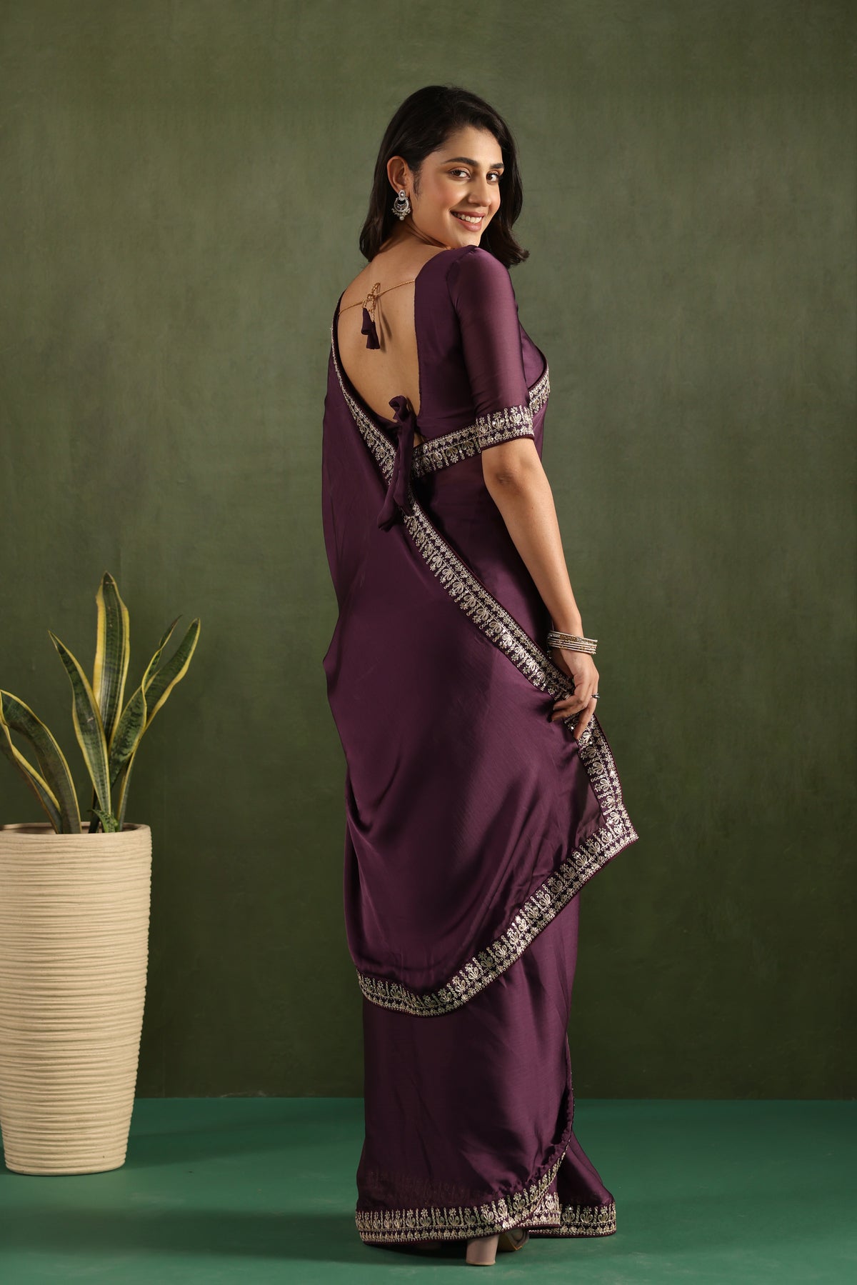 Purple Chiffon Ready To Wear Designer Solid Partywear Saree