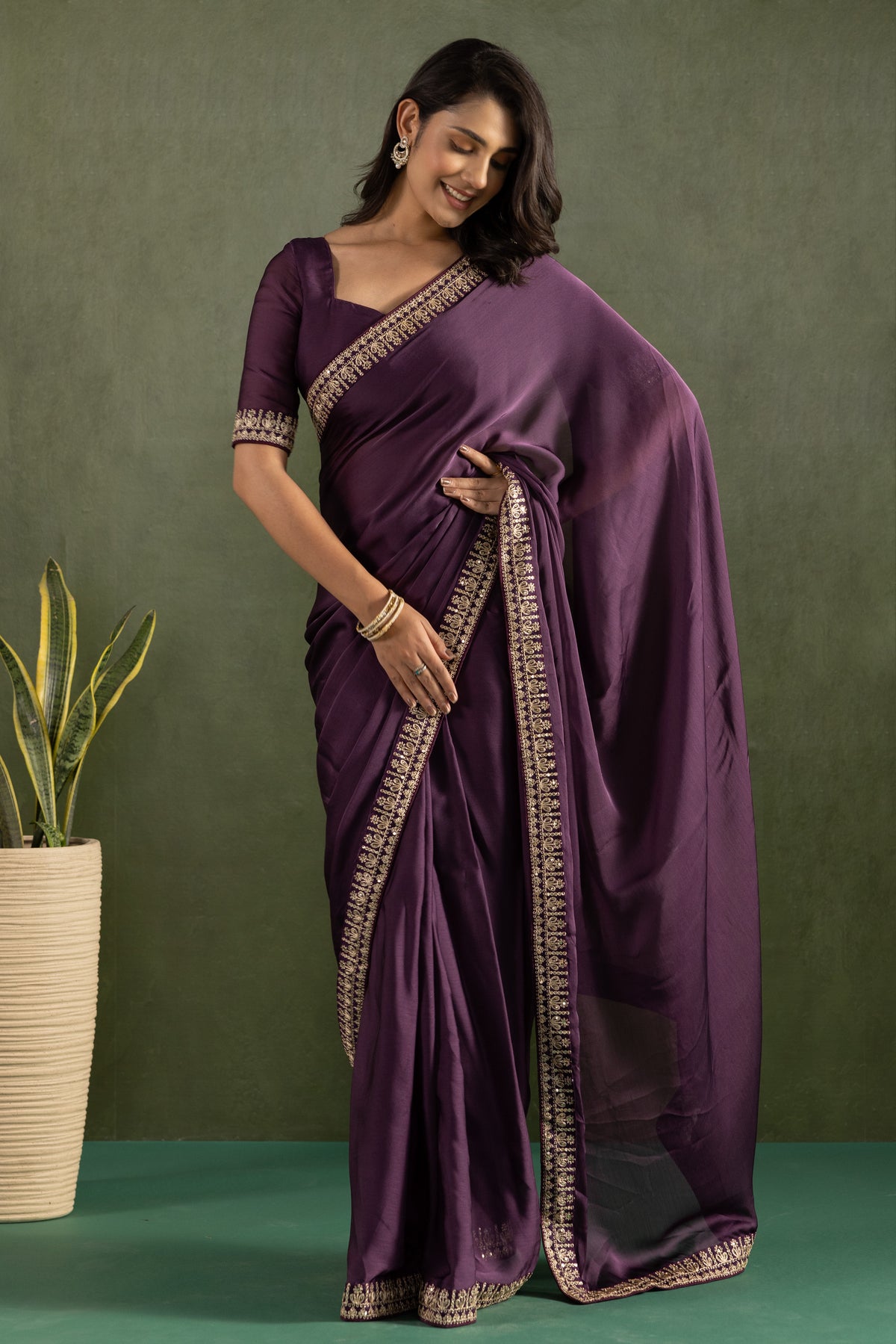 Purple Chiffon Ready To Wear Designer Solid Partywear Saree