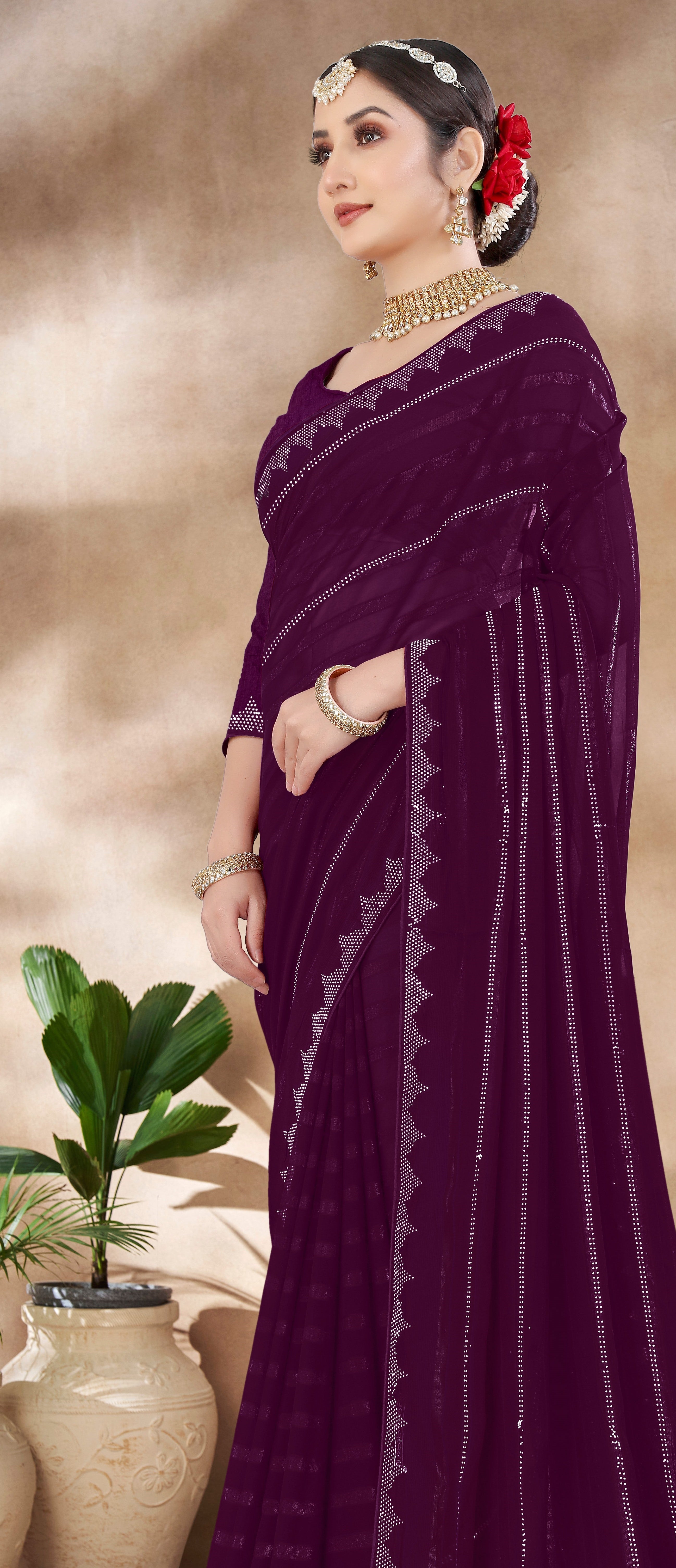 Purple Chiffon Saree With  Swarovski Diamond Work