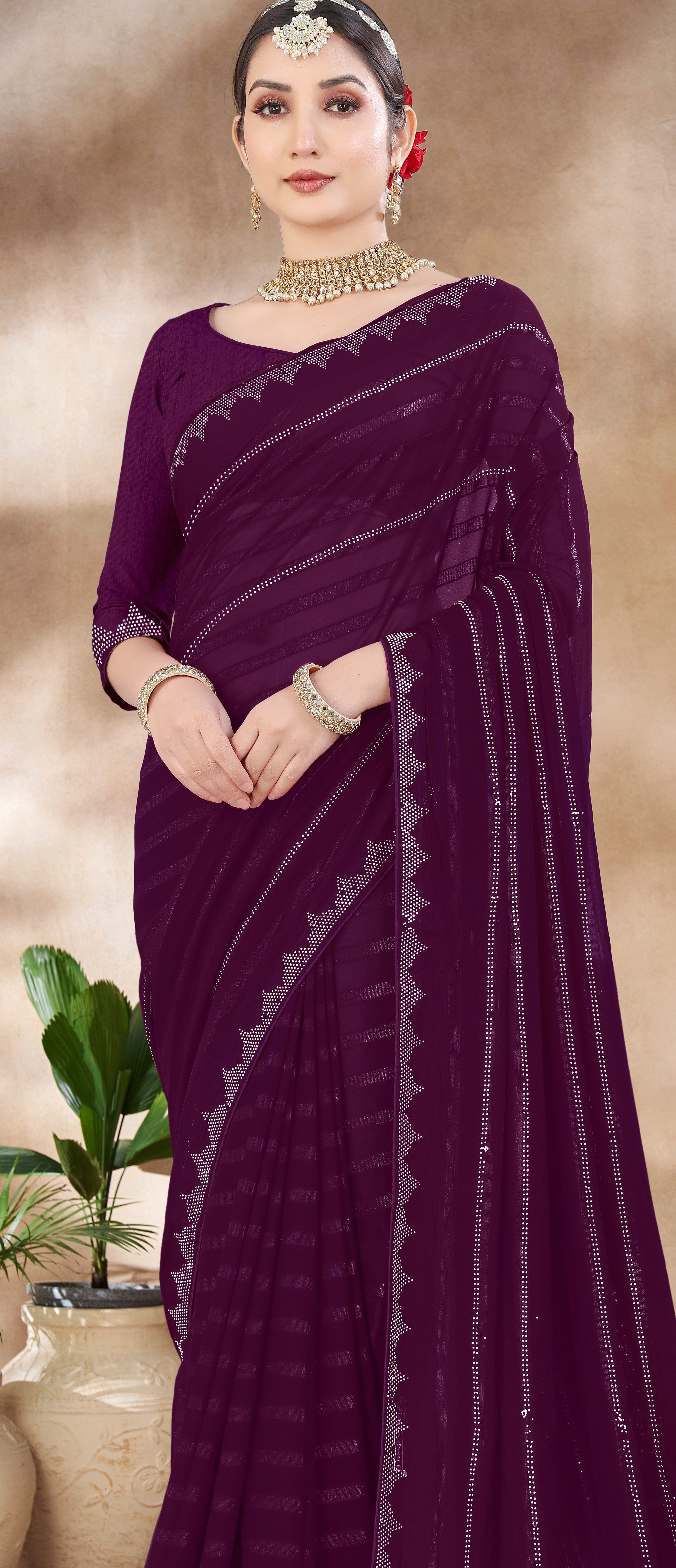 Purple Chiffon Saree With  Swarovski Diamond Work