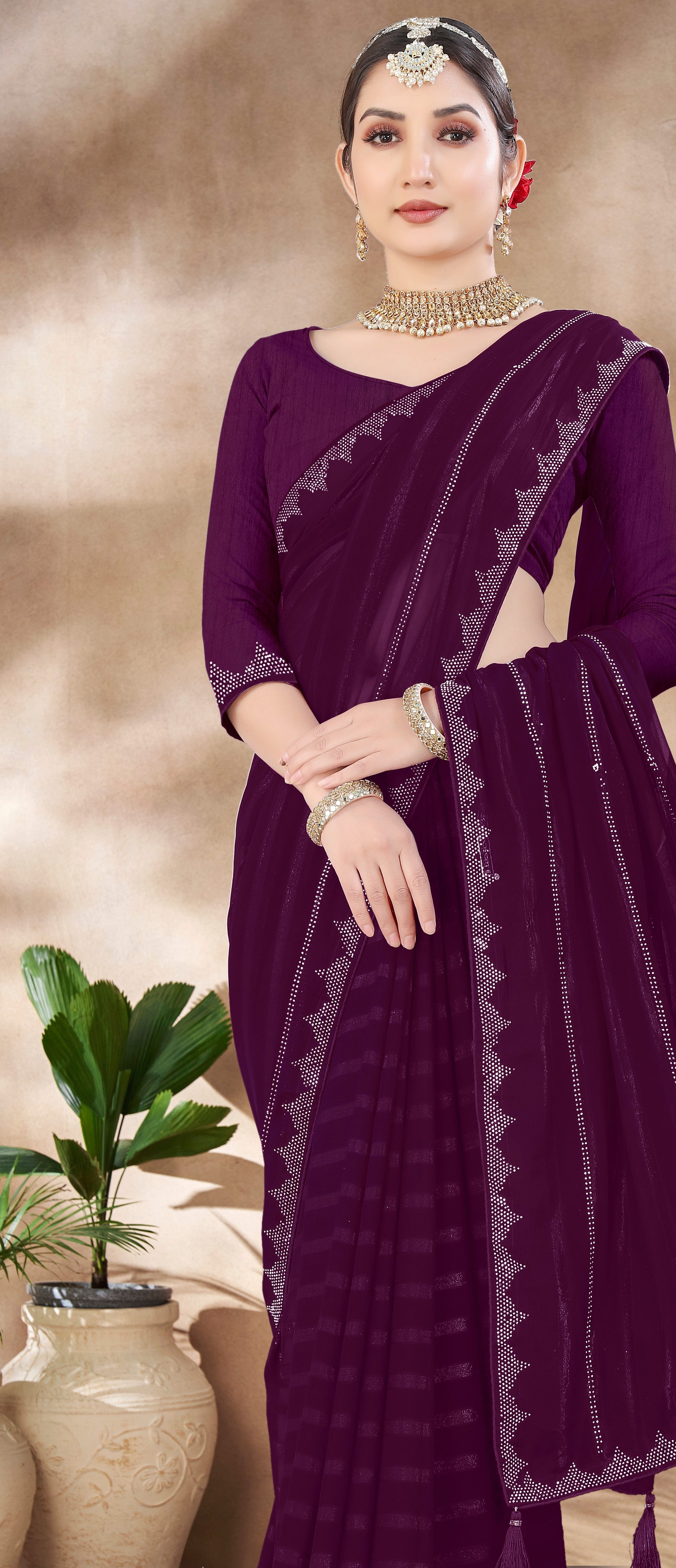 Purple Chiffon Saree With  Swarovski Diamond Work
