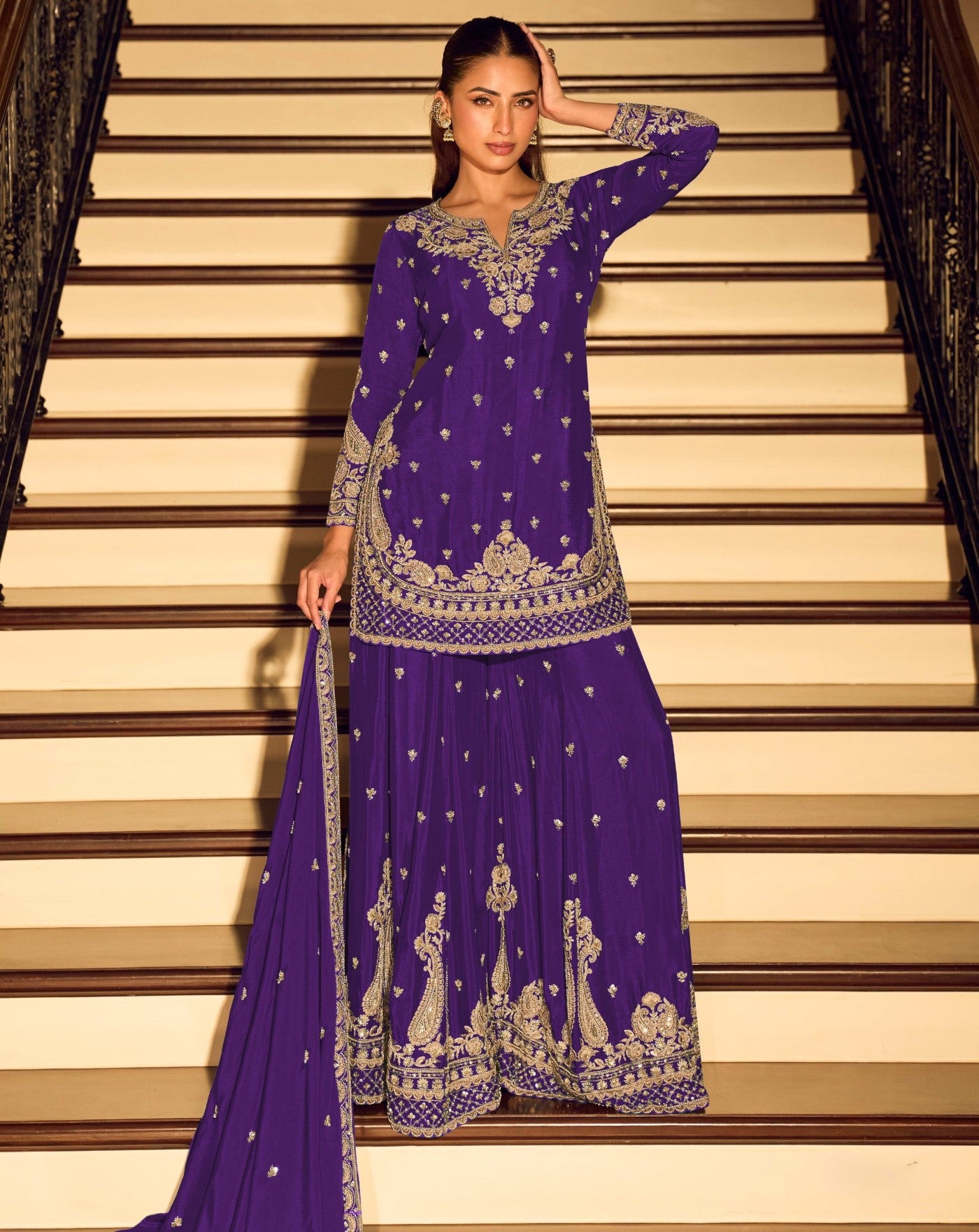 Purple Chinon Designer Suit Set With Elegant Embroidery