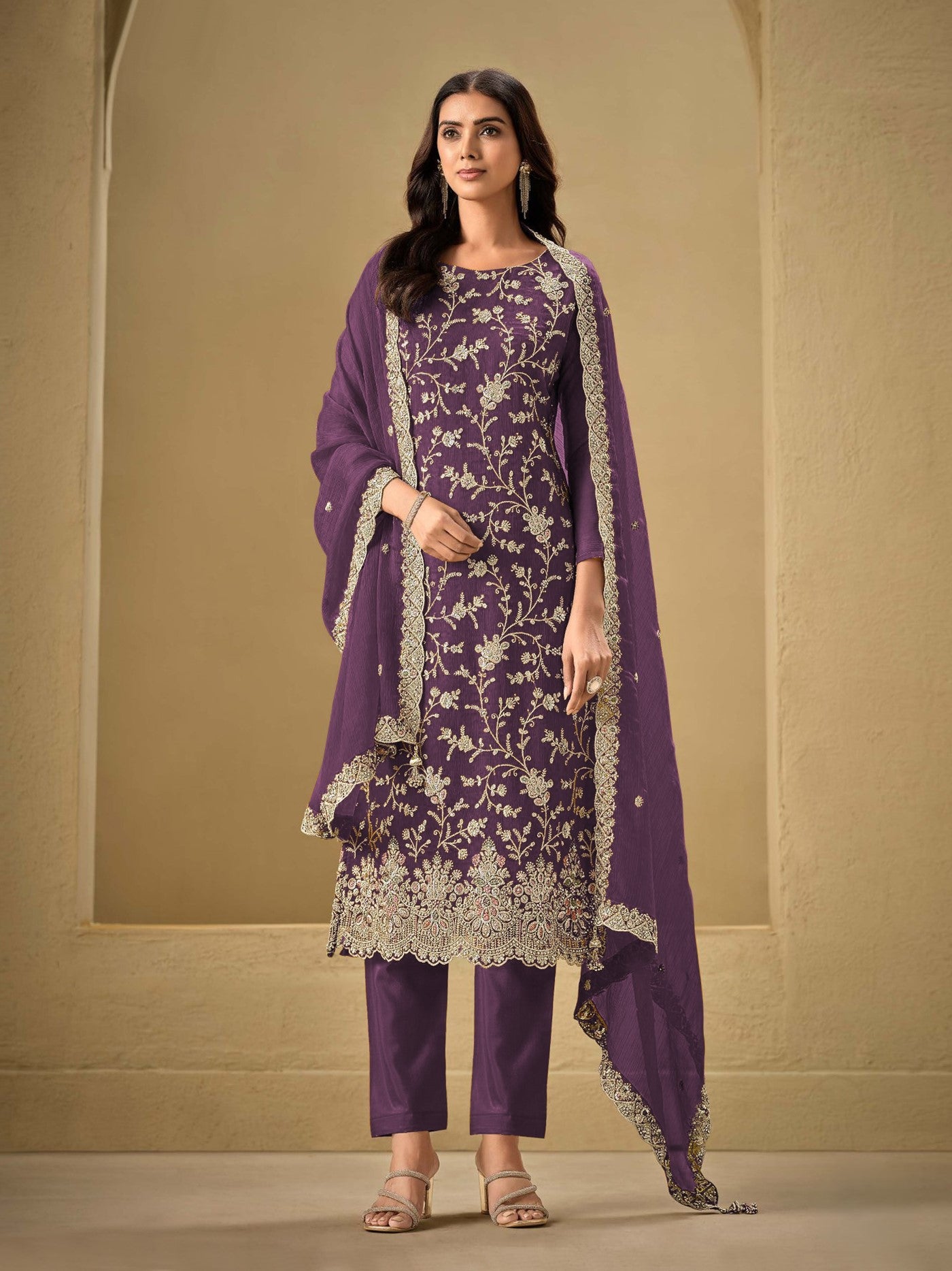 Purple Chinon Designer Suit Set With Elegant Embroidery
