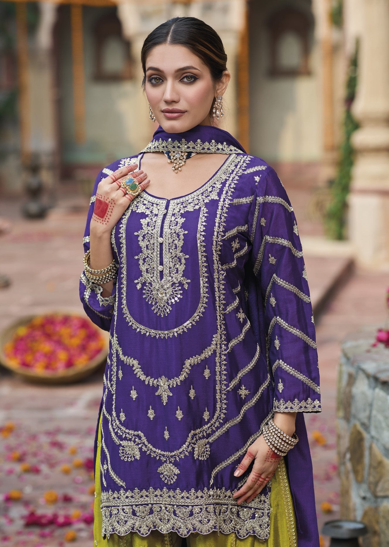 Purple Chinon Designer Suit Set With Elegant Embroidery