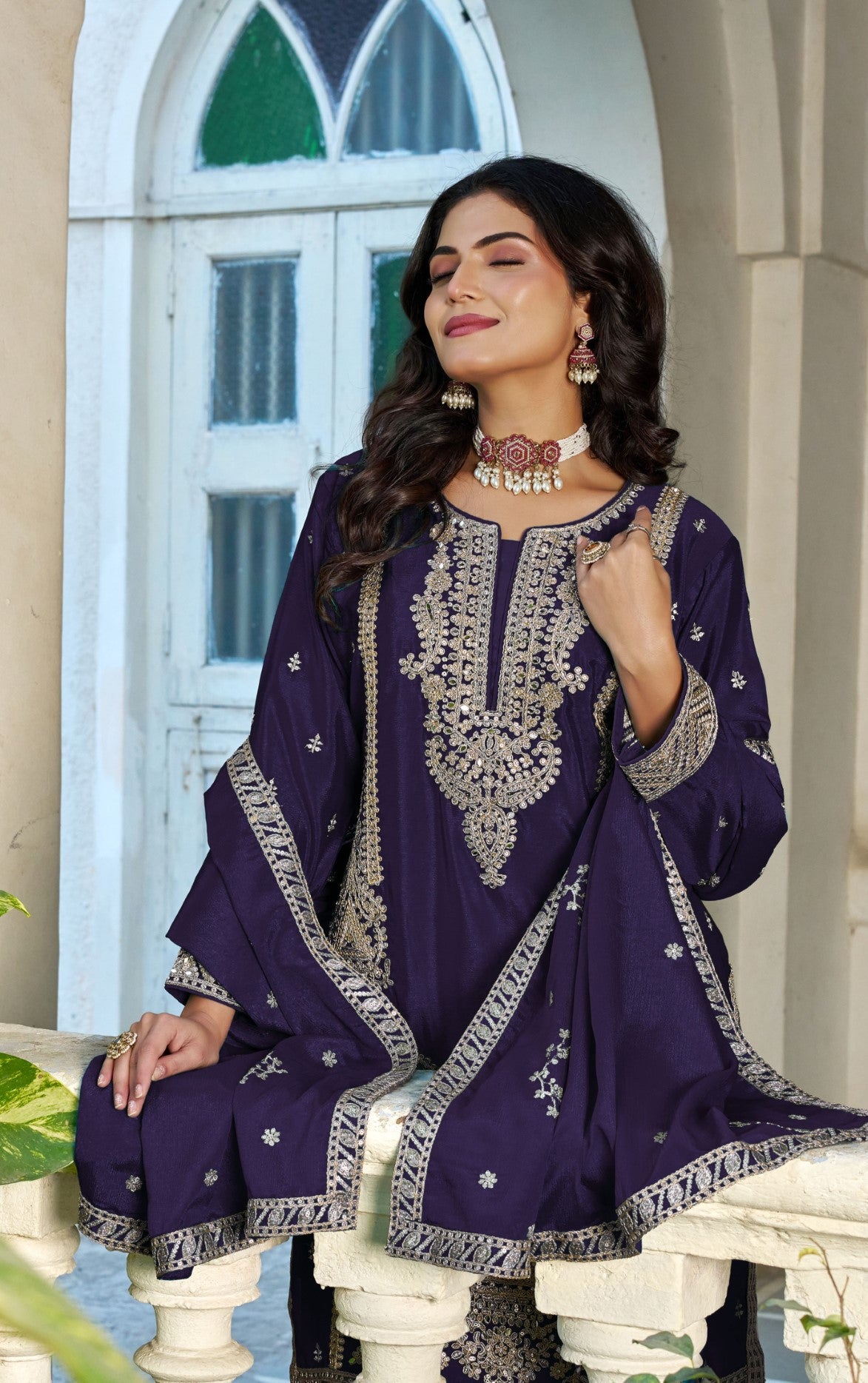 Purple Chinon Designer Suit Set With Elegant Embroidery