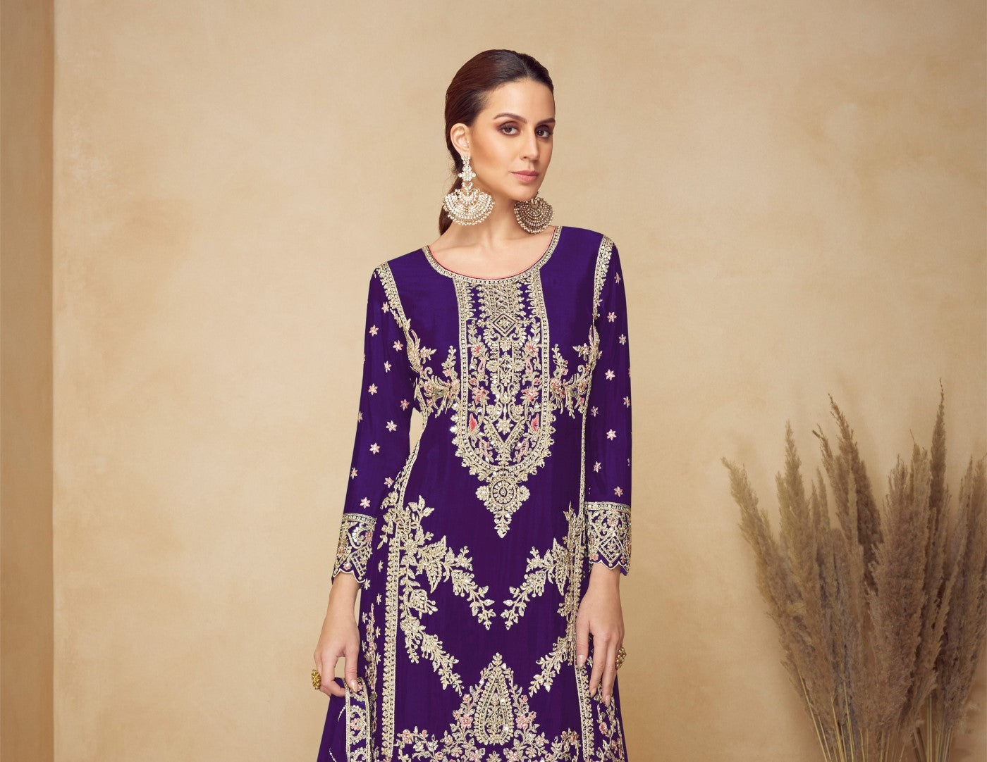 Purple Chinon Designer Suit Set With Elegant Embroidery