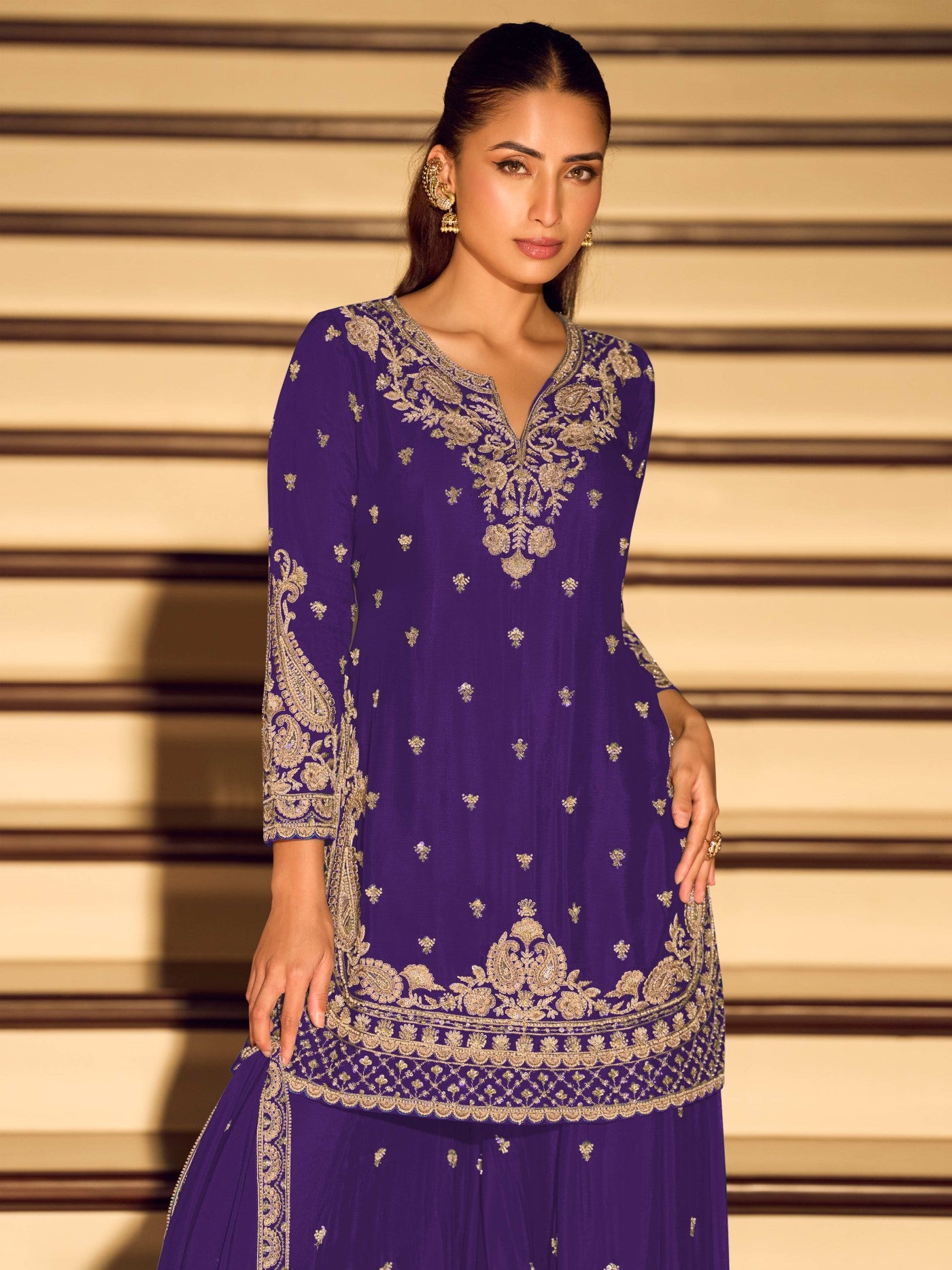 Purple Chinon Designer Suit Set With Elegant Embroidery