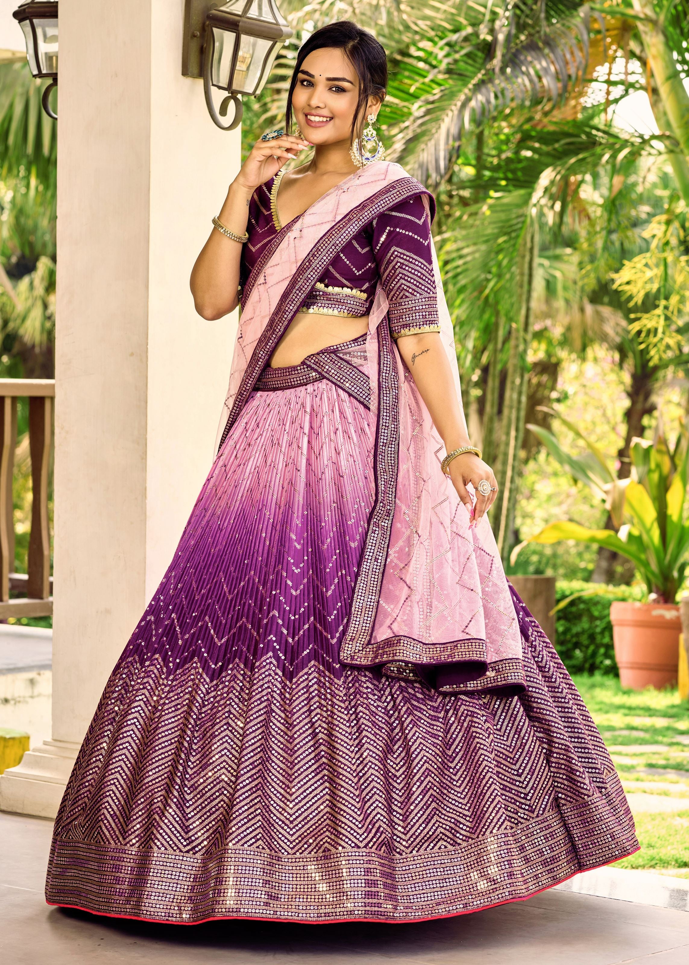 Purple Chinon Lehenga Choli With Sequins, Thread Embroidery Work