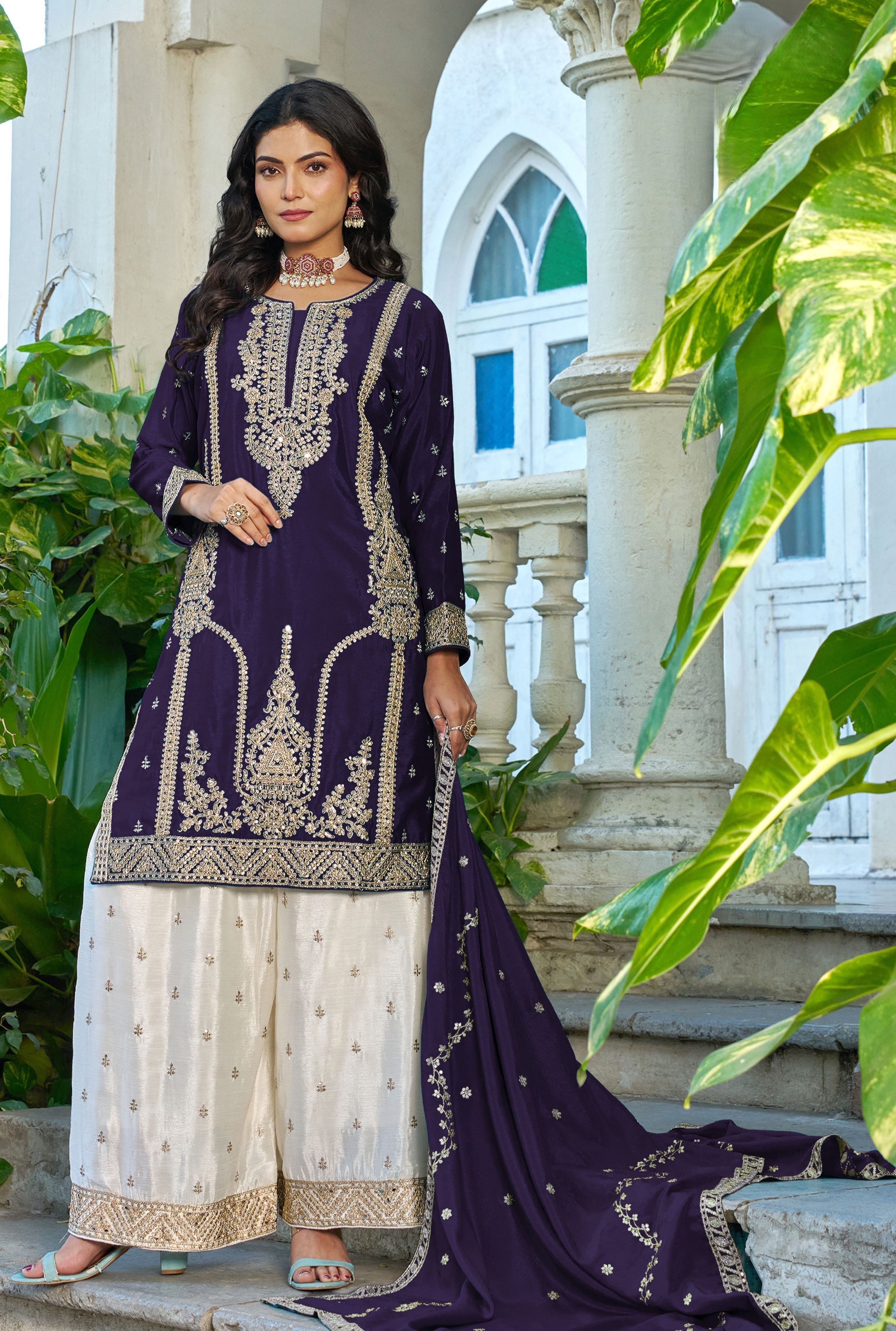 Purple Chinon Palazzo Suit With Sequin Embroidery