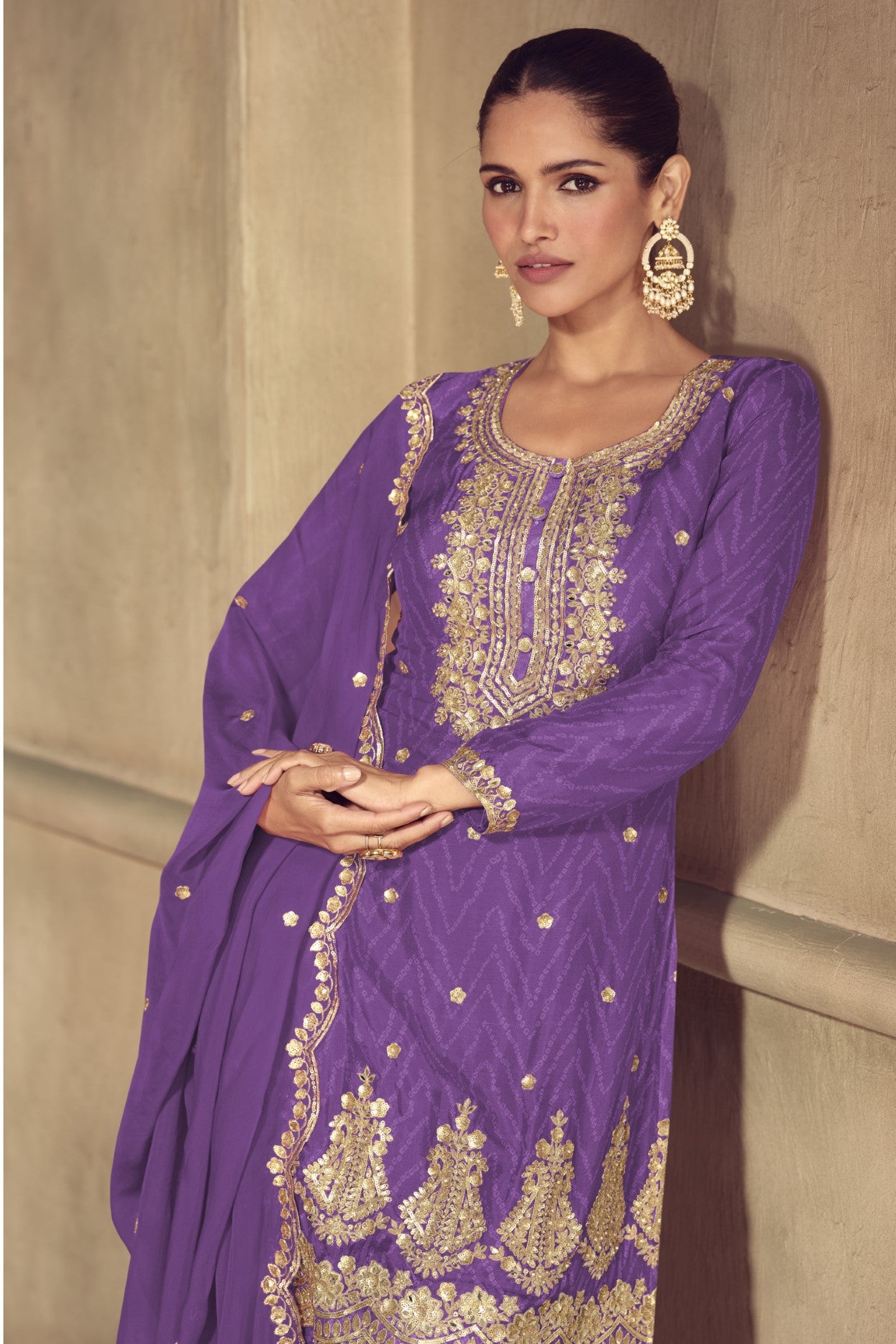Purple Chinon Silk Salwar Suit With Digital Print Embroidery