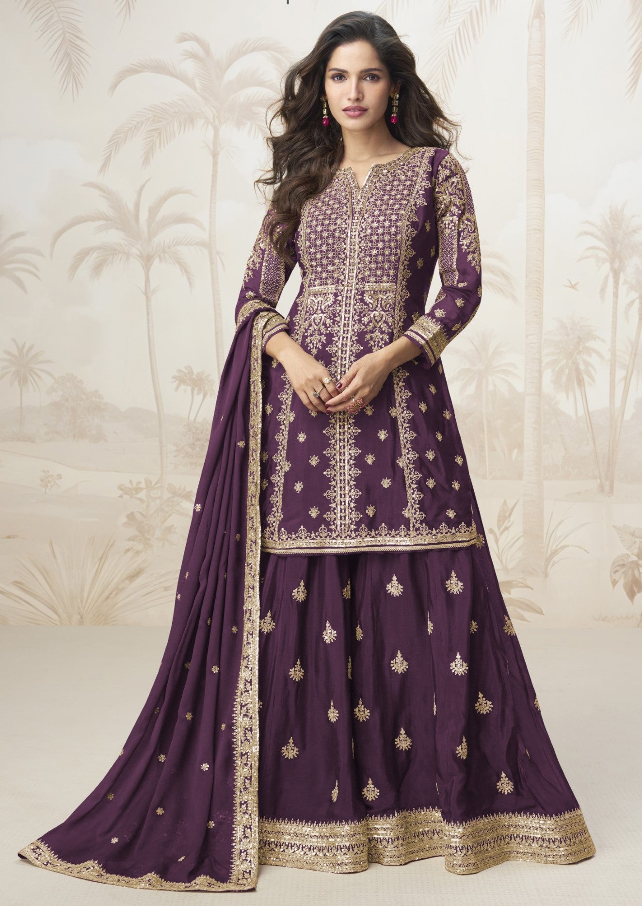 Purple Chinon Silk Salwar Suit With Zari Sequin Embroidery