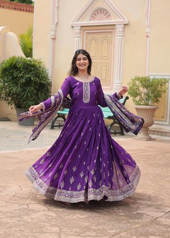 Purple Chinon Suit With Sequins Embroidered work