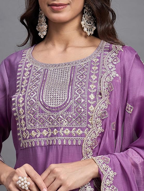 Purple Chinon Viscose Kurta Pant Set With Embroidery Work