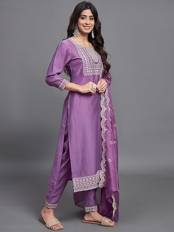 Purple Chinon Viscose Kurta Pant Set With Embroidery Work