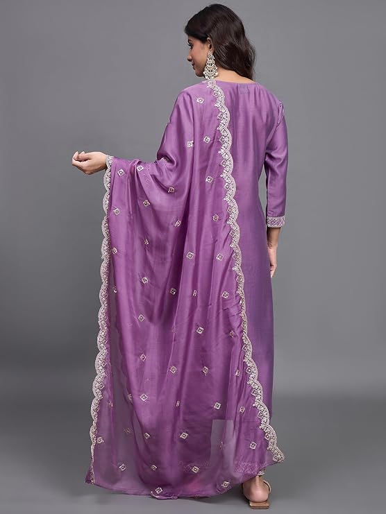 Purple Chinon Viscose Kurta Pant Set With Embroidery Work