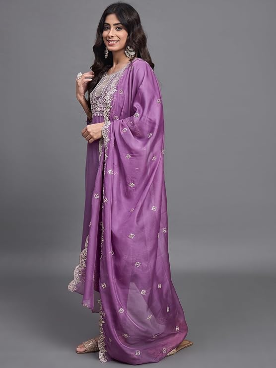 Purple Chinon Viscose Kurta Pant Set With Embroidery Work