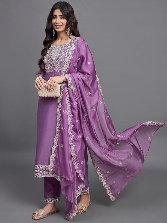 Purple Chinon Viscose Kurta Pant Set With Embroidery Work