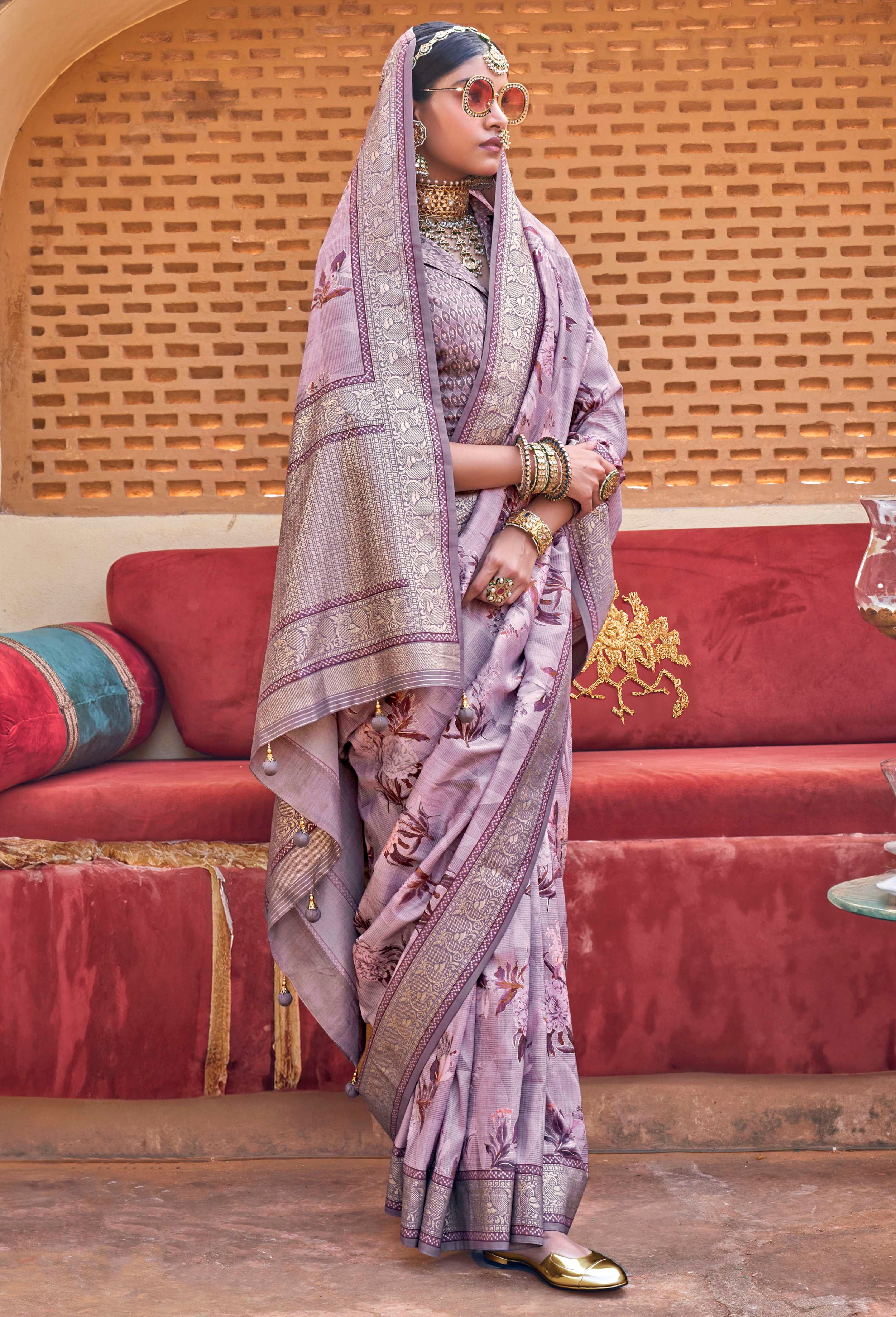 Purple Color Pv Silk Saree With  Smart Floral Print