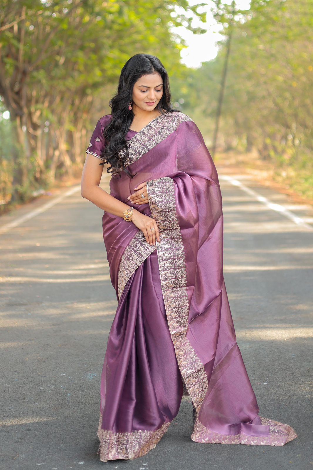 Purple Colour Burburry Silk Heavy Work Saree