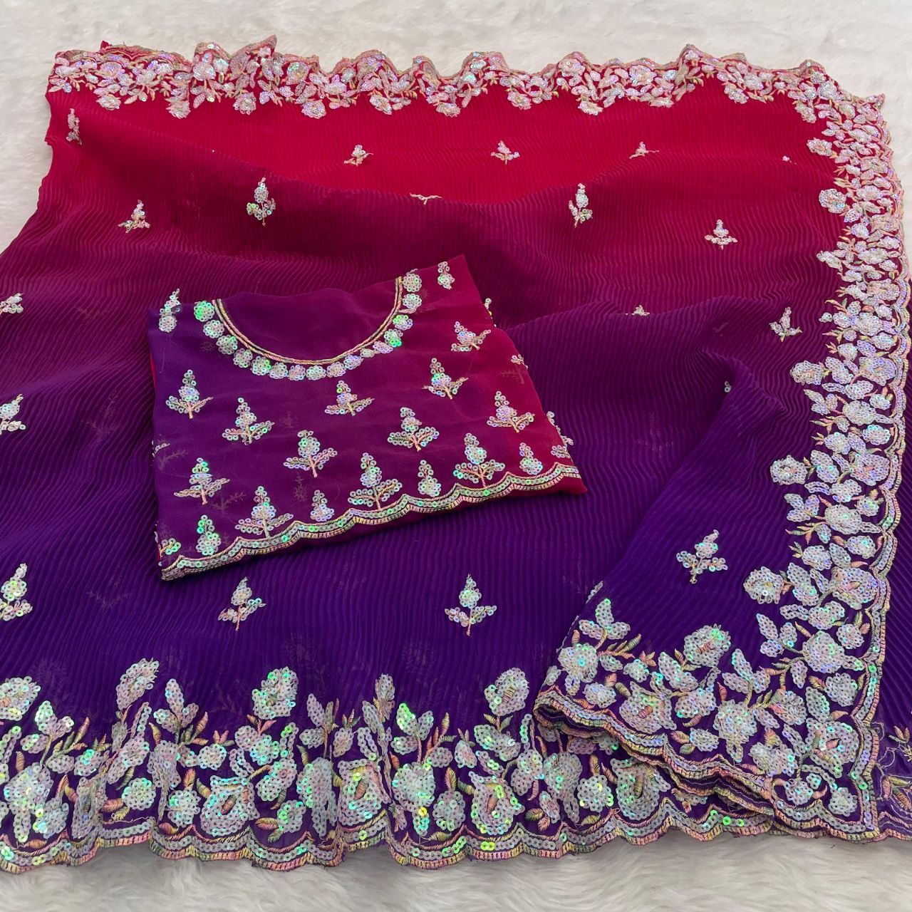 Purple Colour Georgette Embroidery Crush Work Saree