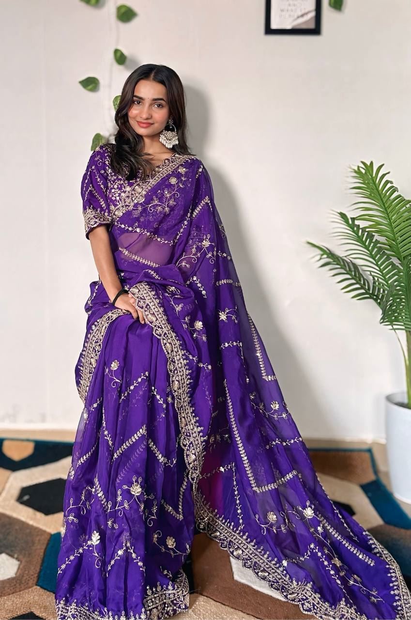 Purple Colour Taby Silk Embroidery Work Saree