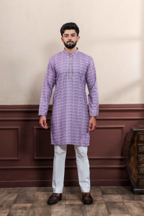 Purple Cotton Blend Kurta Pajama with Abstract Print