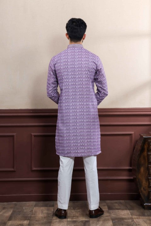 Purple Cotton Blend Kurta Pajama with Abstract Print
