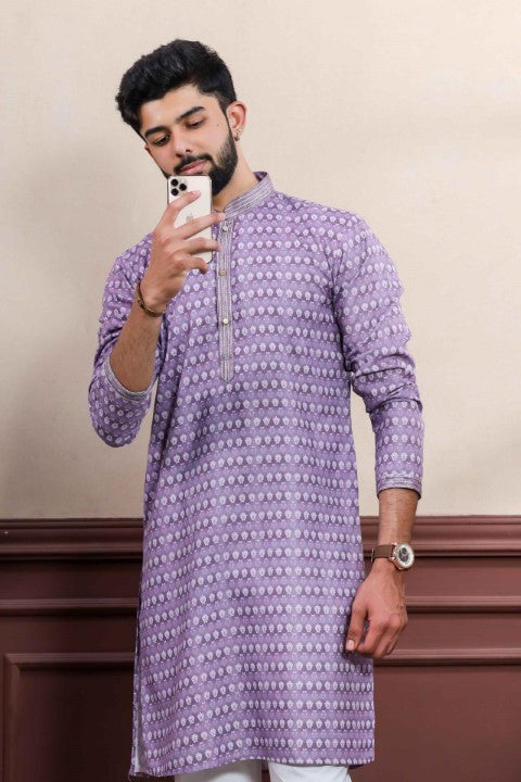 Purple Cotton Blend Kurta Pajama with Abstract Print