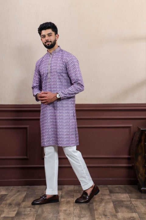 Purple Cotton Blend Kurta Pajama with Abstract Print