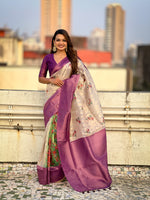 Purple Cotton Linen Woven Designer Saree With Printed Work