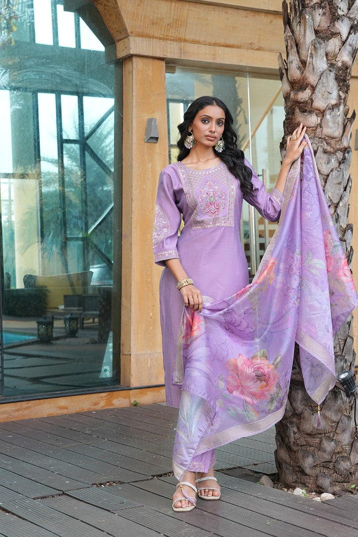 Purple Cotton Silk Designer Suit Set With Elegant Embroidery