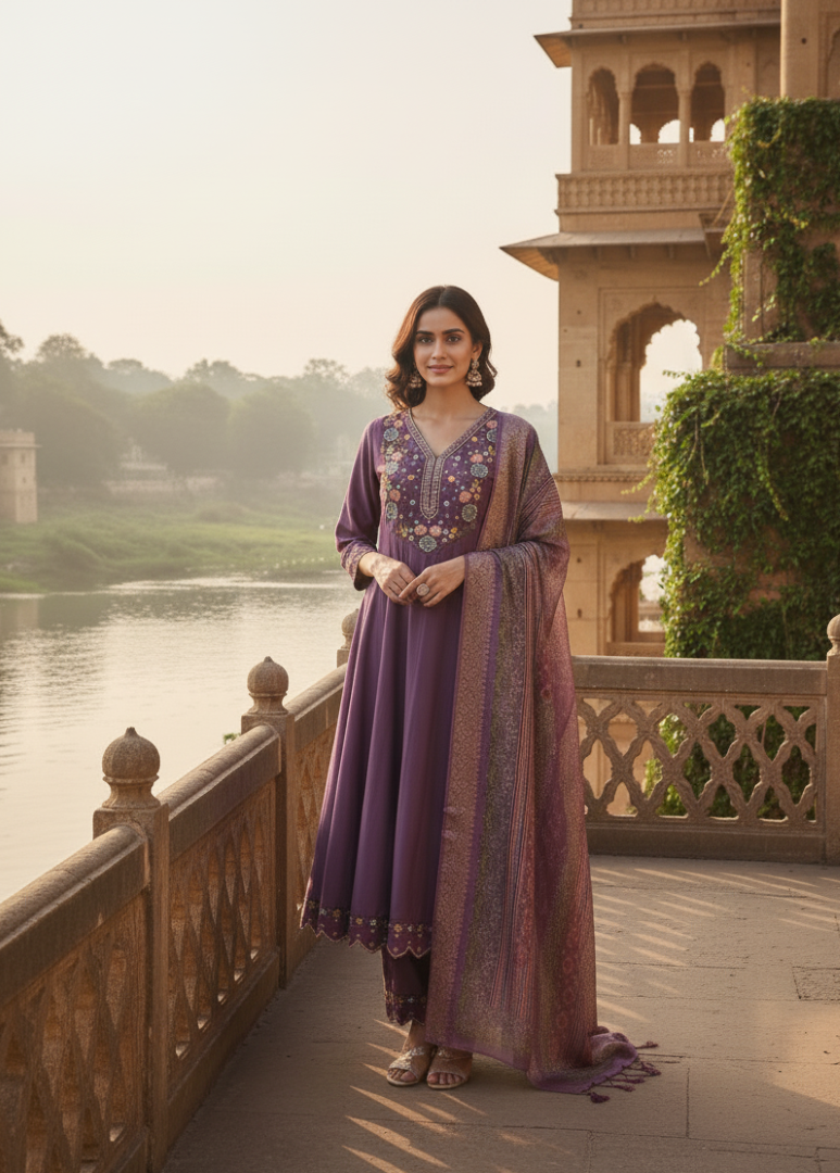 Purple Cotton Silk Designer Suit Set With Handcrafted Embroidery