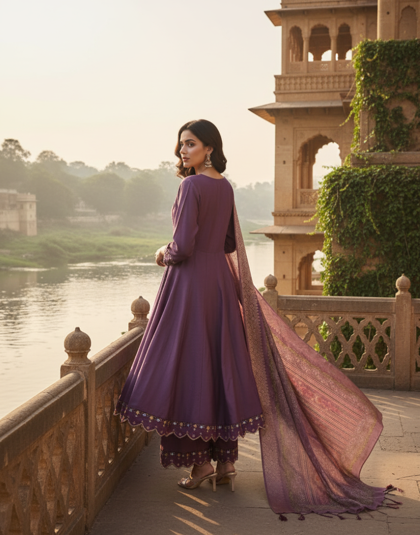 Purple Cotton Silk Designer Suit Set With Handcrafted Embroidery